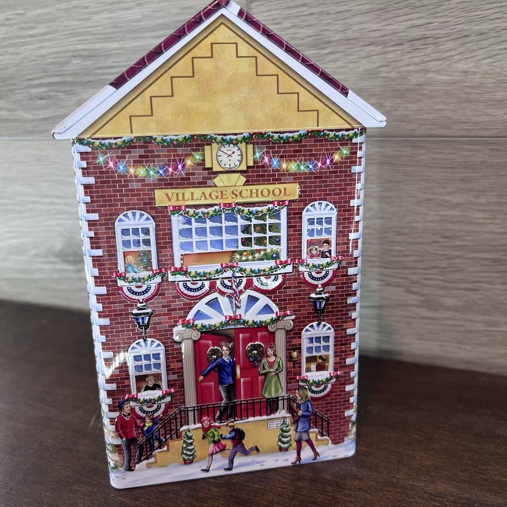 MINT Harry London Christmas Winter Village School House Chocolate Tin School Bus